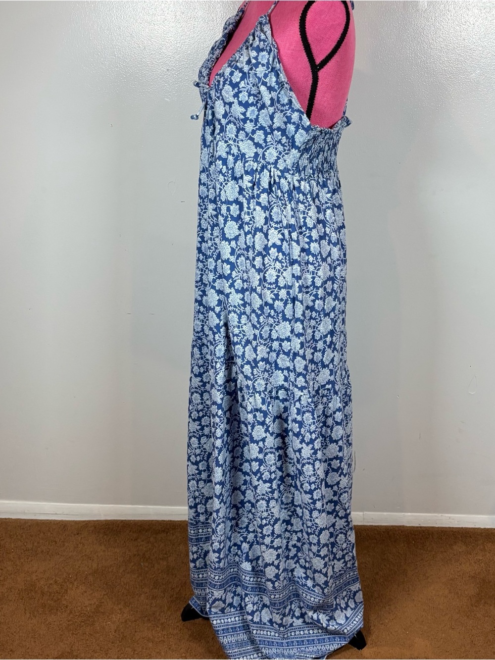 Sim & Sam Maxi Dress XL Blue White Floral Sundress V-Neck Strappy Coastal Boho - Picture 3 of 12